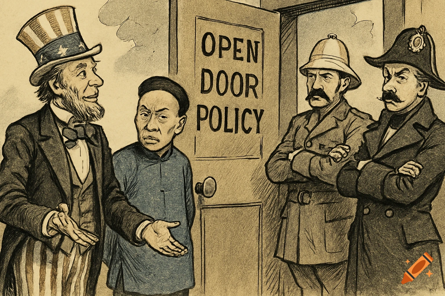 Political cartoon of Uncle Sam and Chinese figure at a door marked 'OPEN DOOR POLICY', with European figures observing.