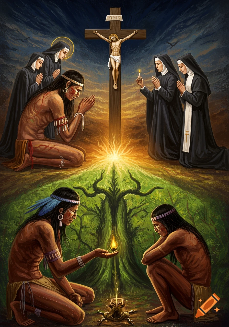 A painting depicting a split scene: above, Christian nuns and an indigenous person pray at a cross; below, two indigenous people tend a flame in a forest.