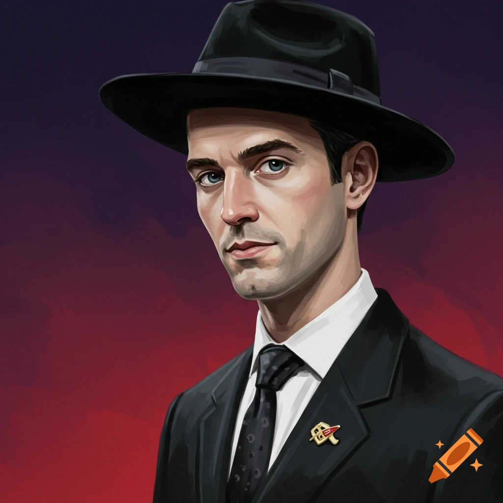 A stylized portrait of a man in a black suit and fedora.