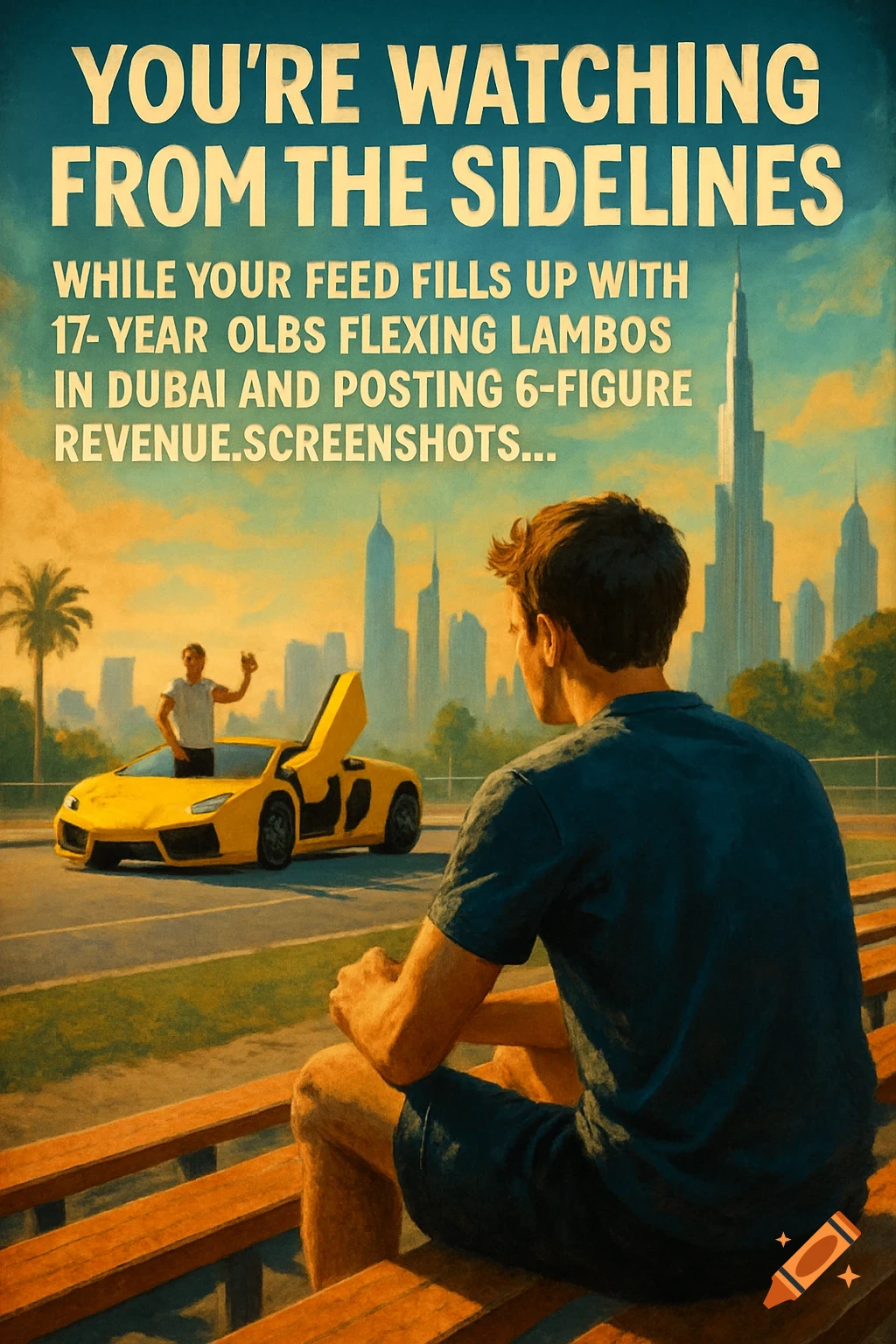 Motivational poster: Man on bleachers watches person with yellow Lamborghini in front of Dubai skyline.