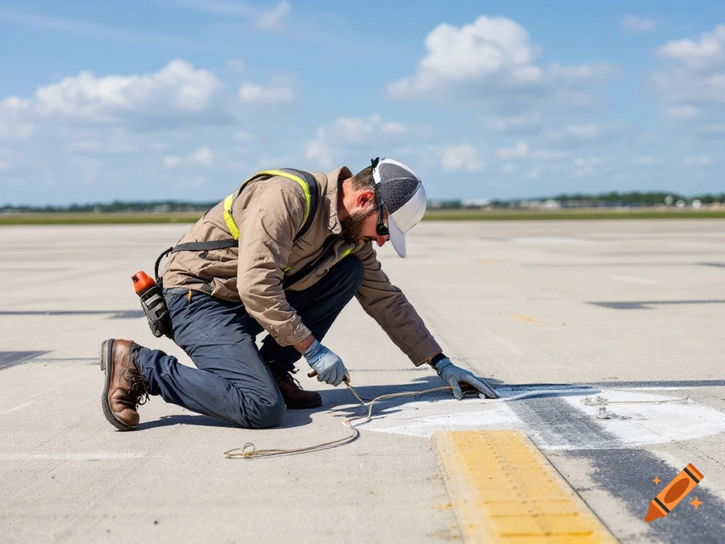 A man kneels on an airport tarmac, working with a string.
