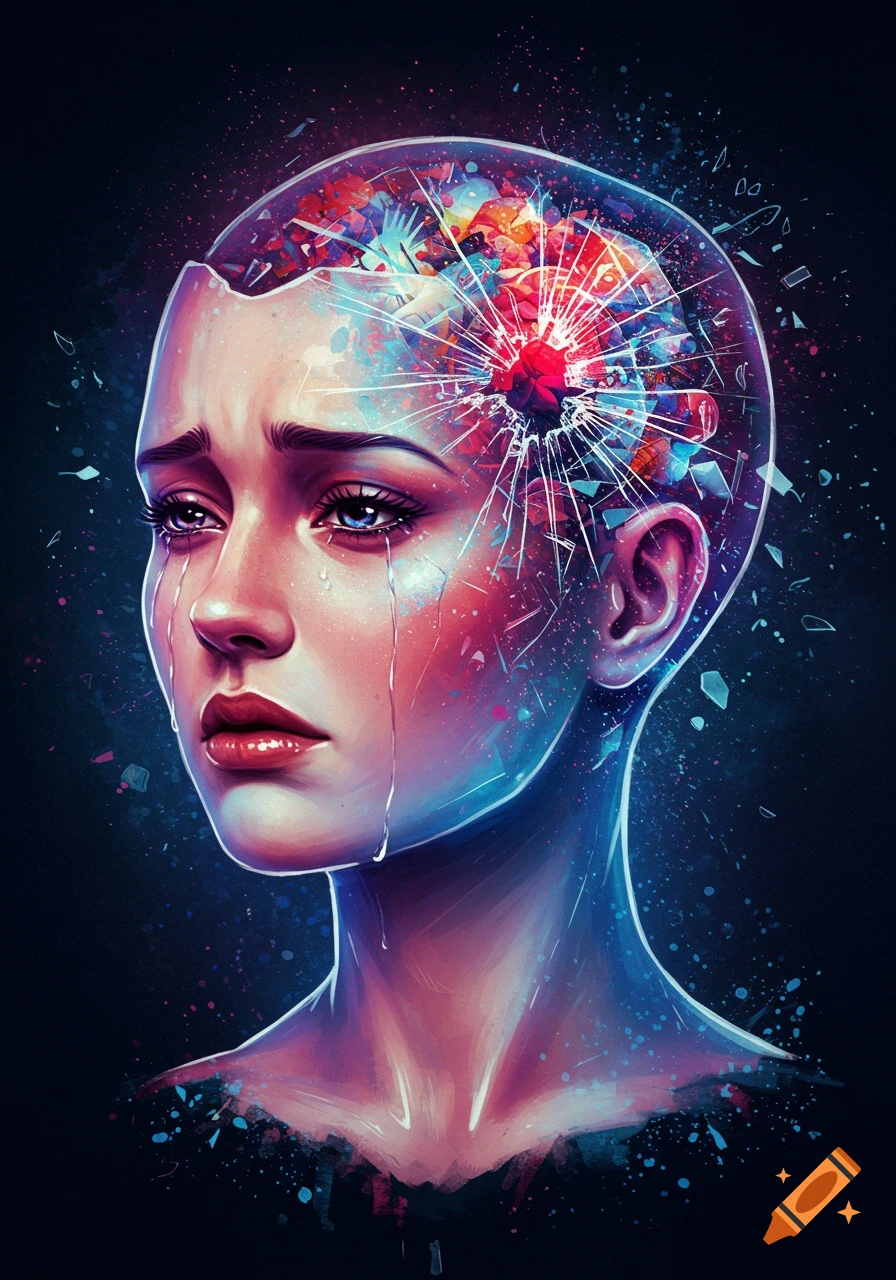 Crying woman with shattered head revealing colorful thoughts, abstract art.