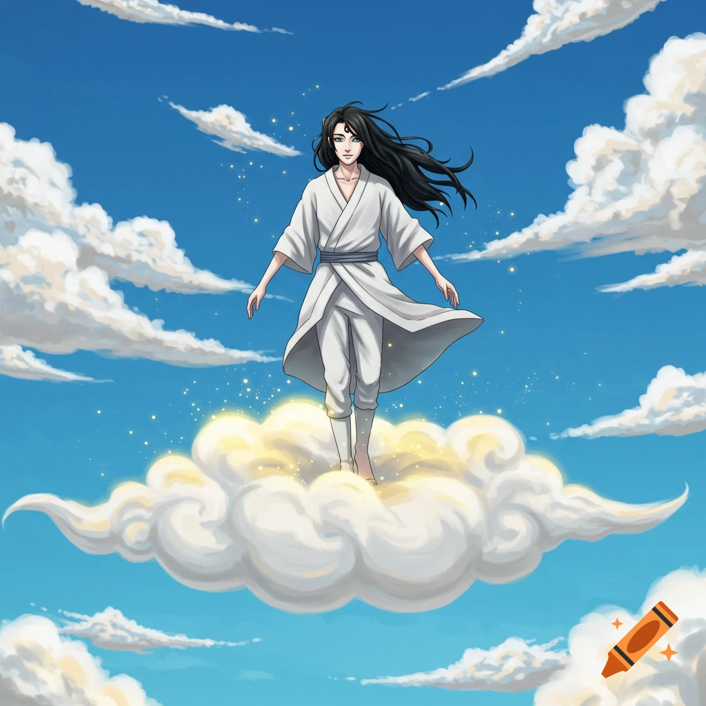 Anime style person with dark hair and white clothing floating on a cloud in a blue sky.