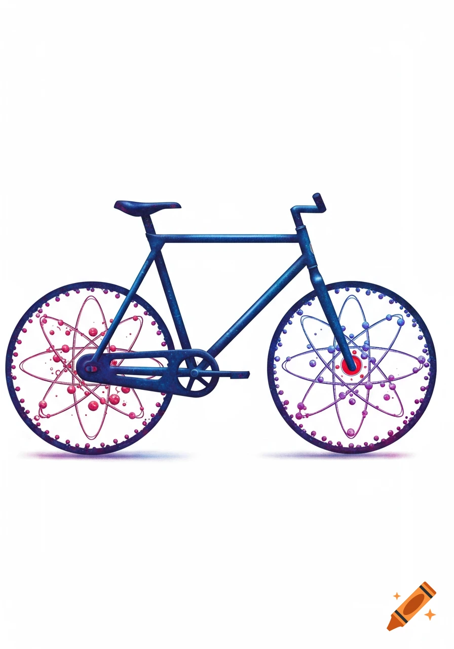 Illustration of a bicycle with atomic structure models for wheels on a white background.