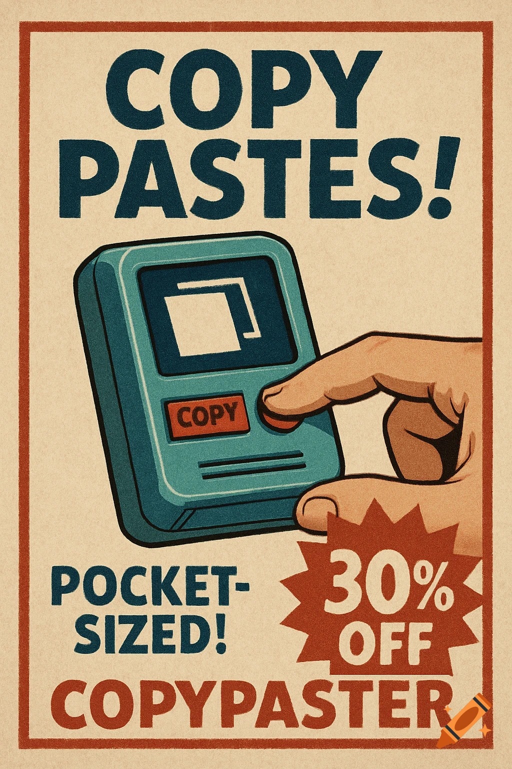 Retro poster advertising a pocket-sized copy-paste machine with text "COPY PASTES!" and "30% OFF".