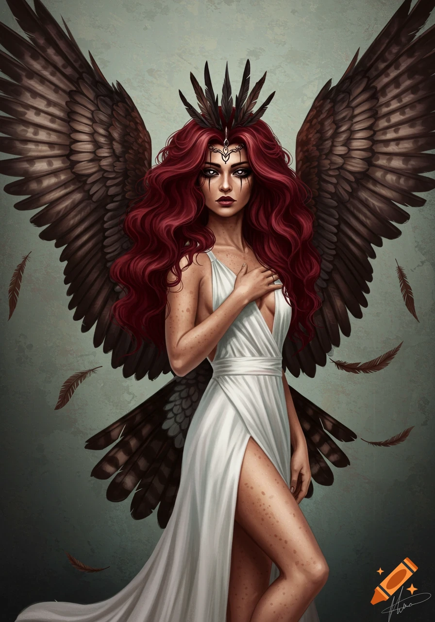 Fantasy illustration of a winged woman in a white dress with red hair and feather crown.