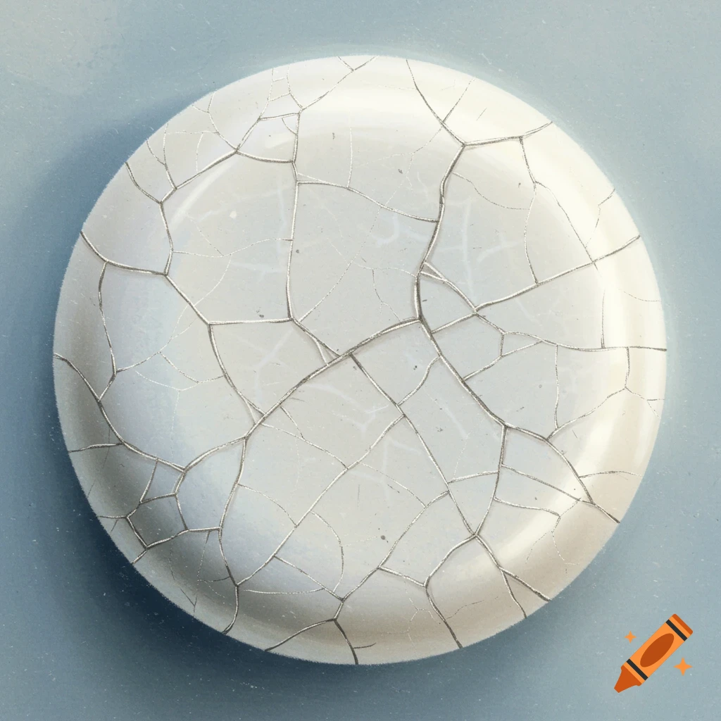 A white circular object with a network of cracks on a blue background.