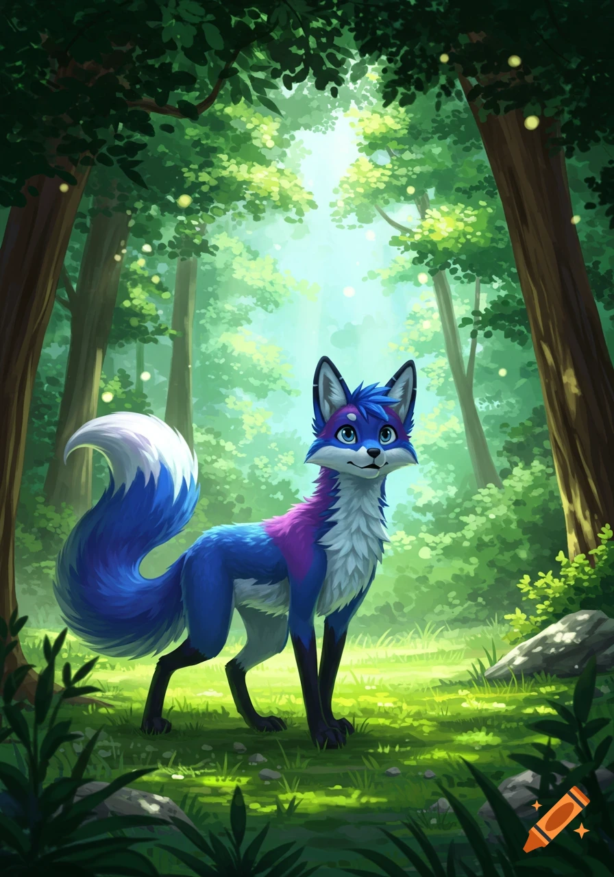 A blue and purple anthro fox stands in a sunlit forest clearing, illustration style.