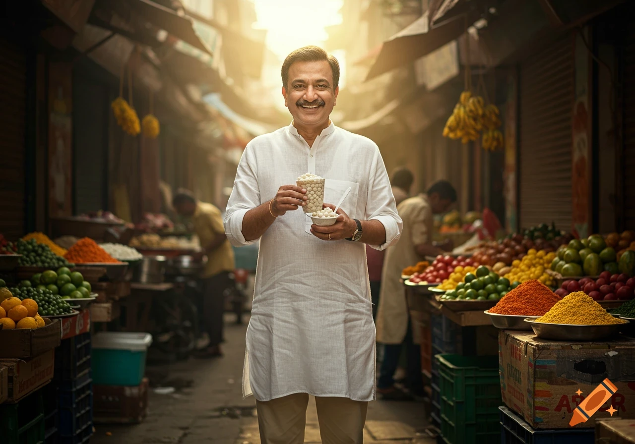 Realistic photograph of an Indian man smiling and holding a cup of tapioca in a bustling market
