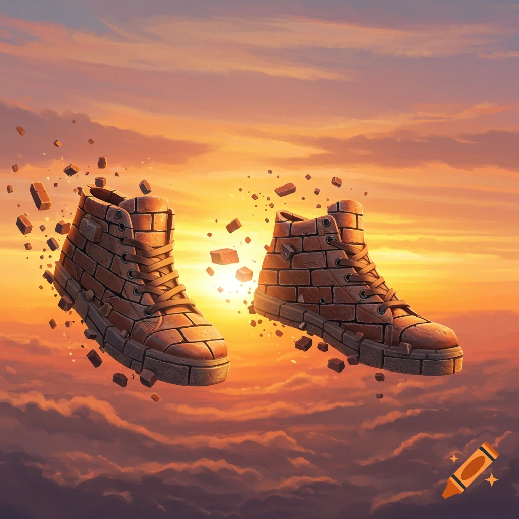 Brick-patterned shoes float among crumbling brick fragments in a cloudy sunrise sky.