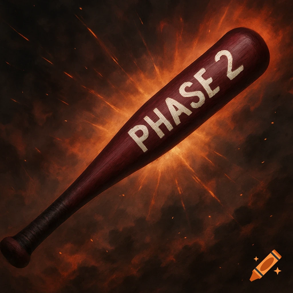 A maroon baseball bat with 'PHASE 2' written on it against a fiery, explosive background.
