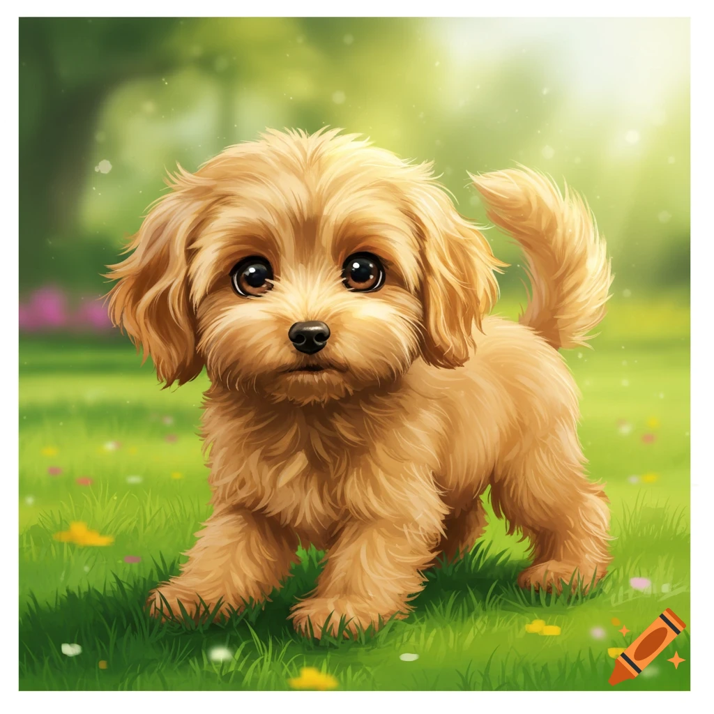 A cute golden doodle puppy standing in a grassy field.