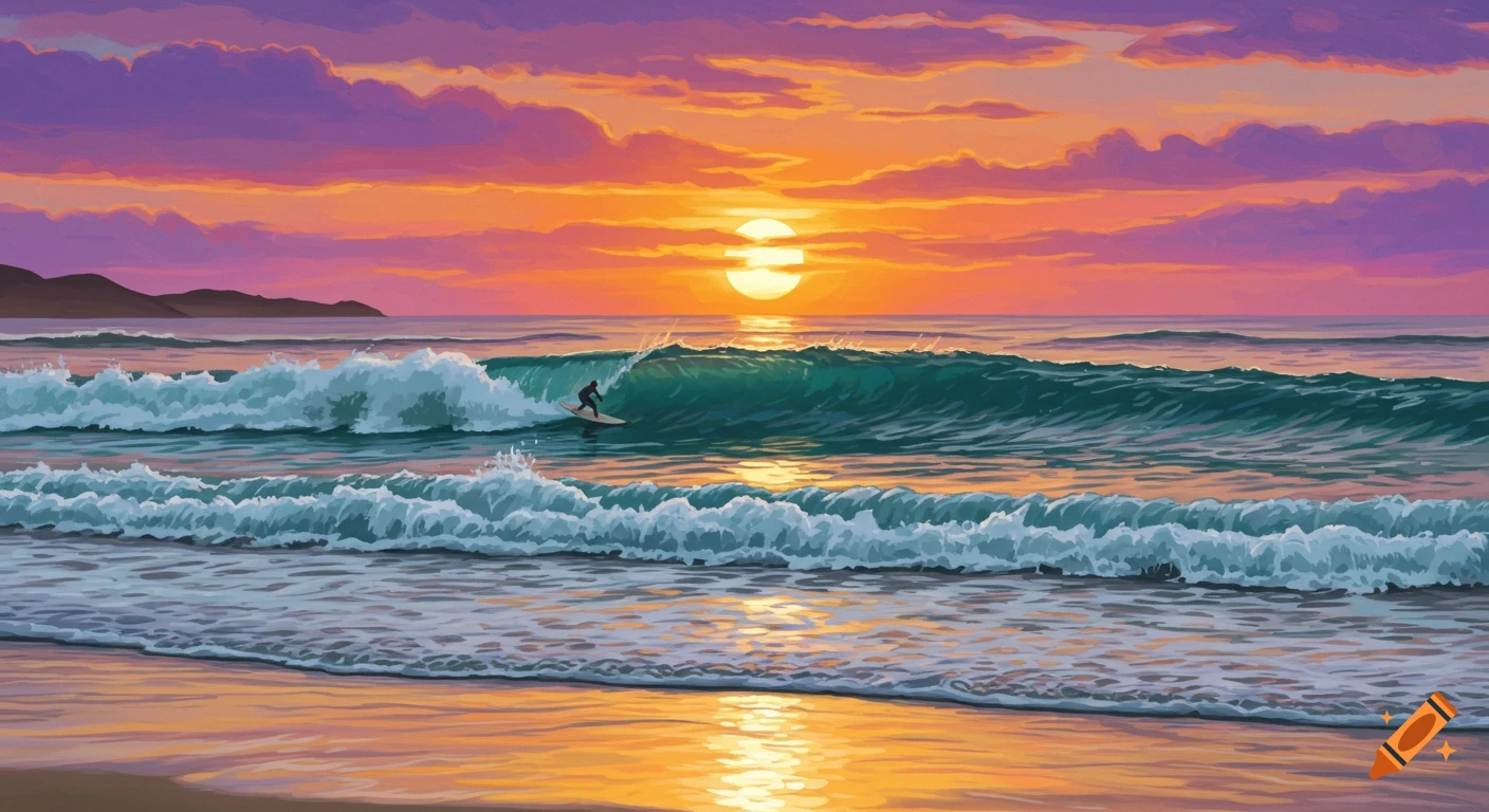A painting of a surfer riding a large wave on the ocean at sunset.