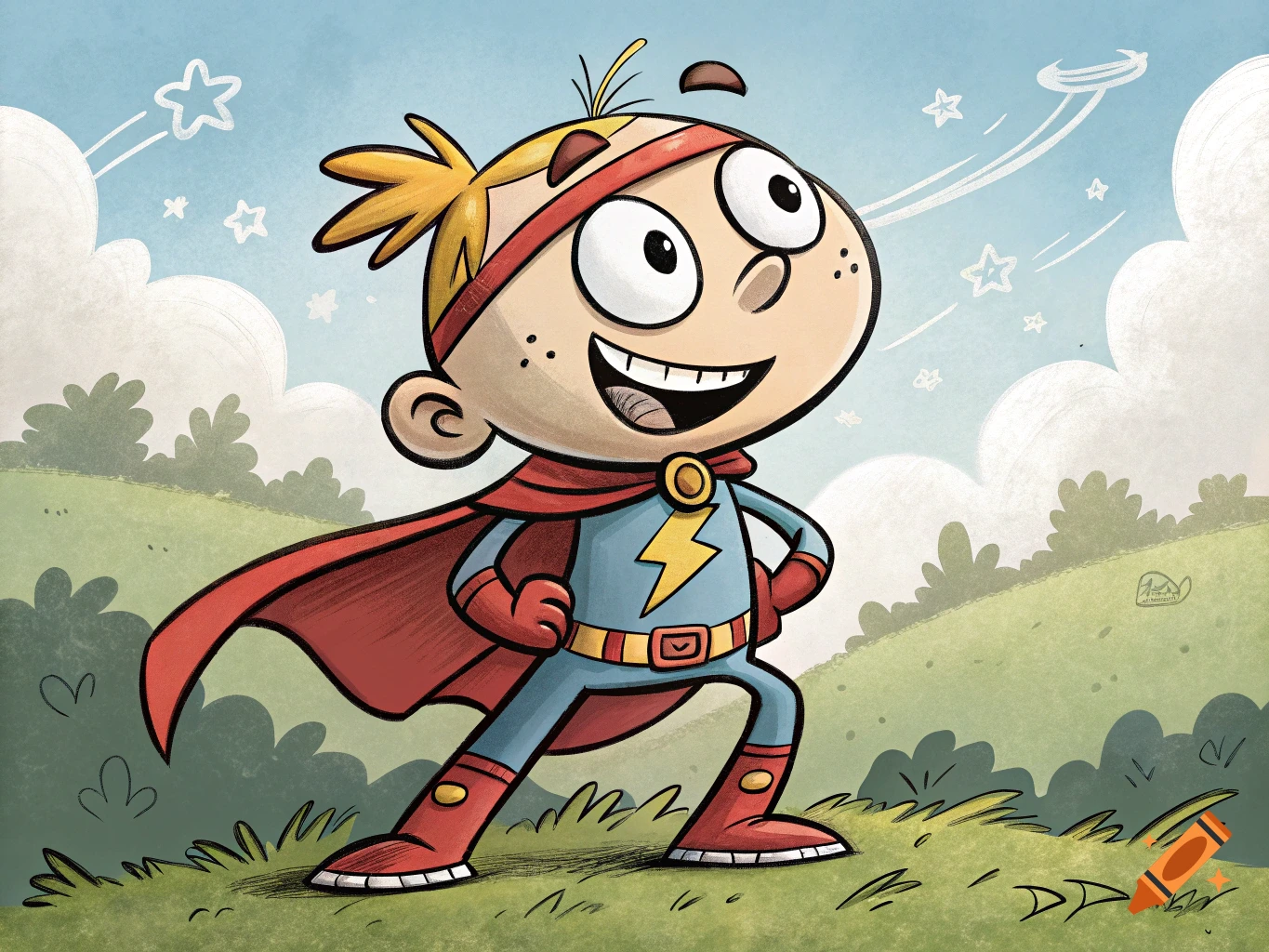 A cartoon boy in a blue and red superhero costume stands smiling on a grassy hill.