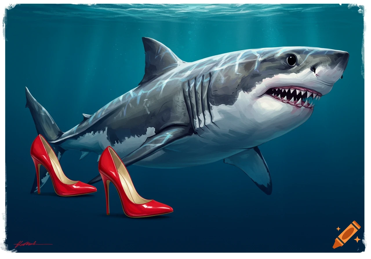 An illustration of a shark swimming underwater with two red high heel shoes.