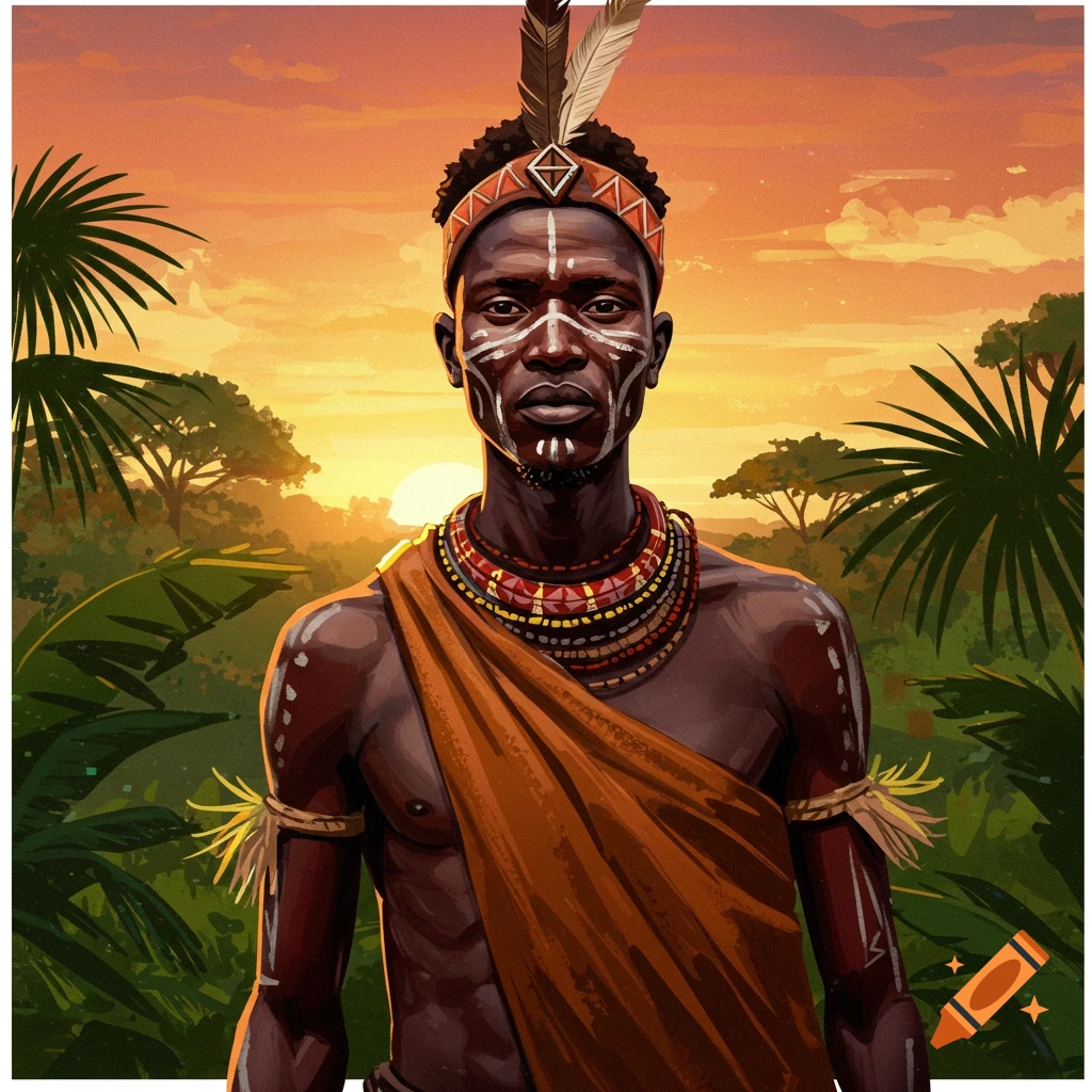 Illustration of an African man with body paint and traditional attire against a sunset background.