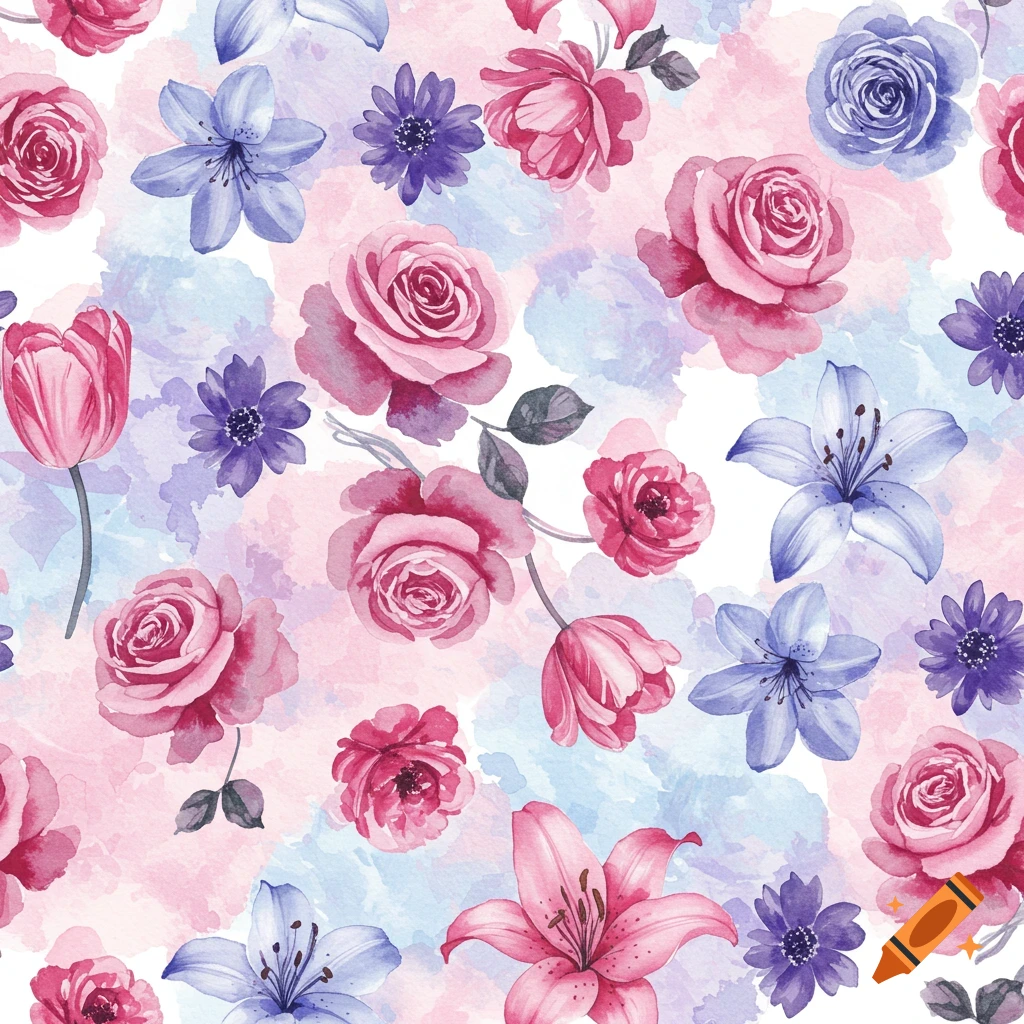 Seamless watercolor pattern of pink, purple, and blue flowers