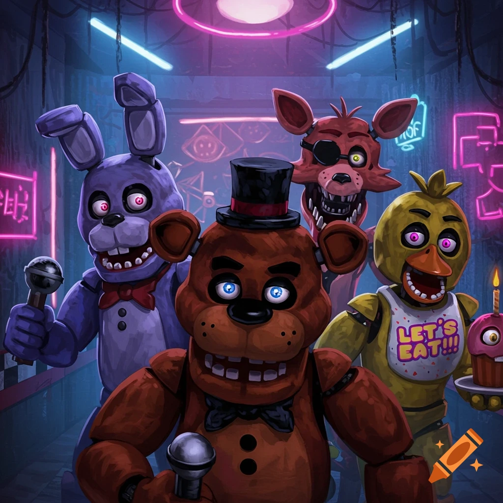 Freddy Fazbear, Bonnie, Foxy, and Chica in a dark, neon-lit room, stylized art