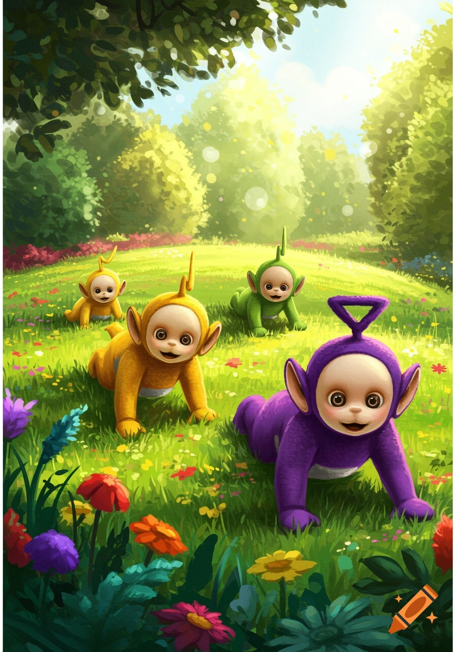 Four baby Teletubbies crawl on a sunny, flowery green hill in a painterly style.