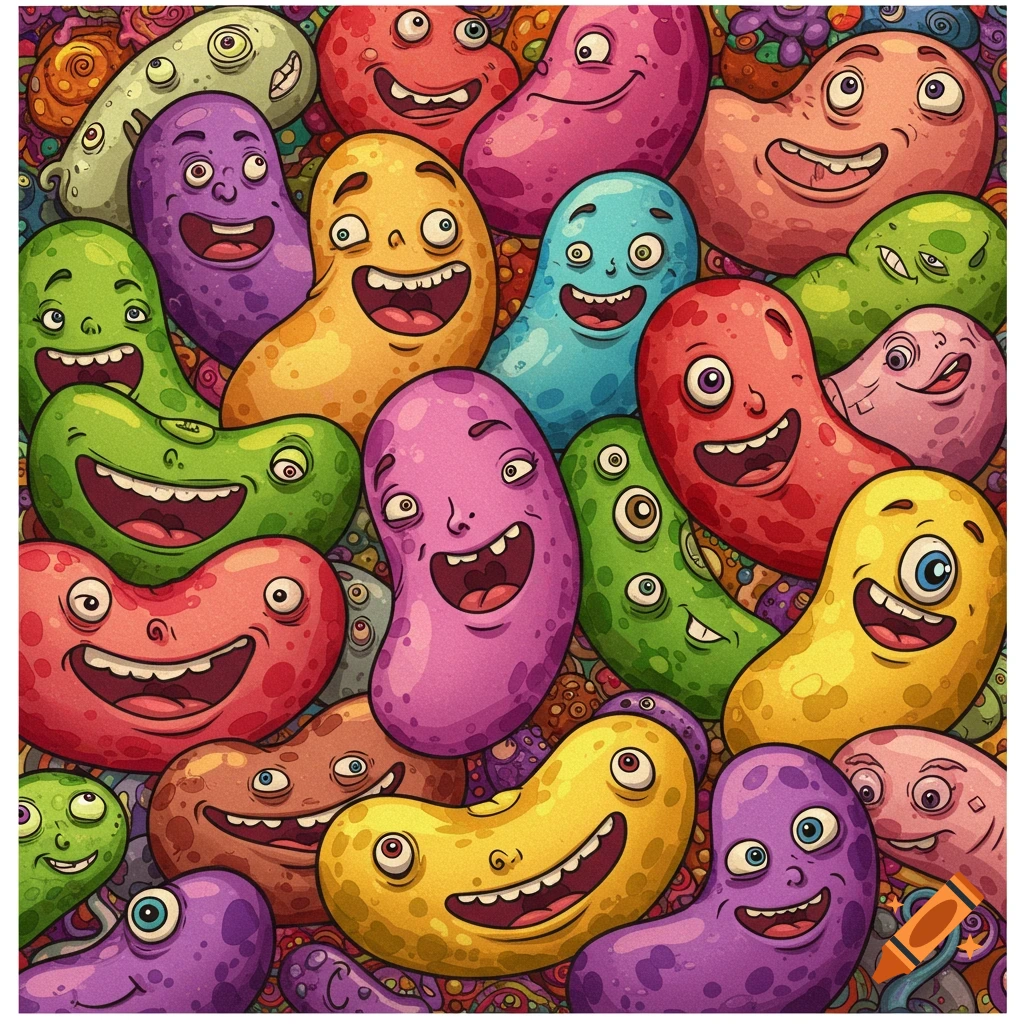 Closeup of many colorful, smiling cartoon bean characters in a pattern