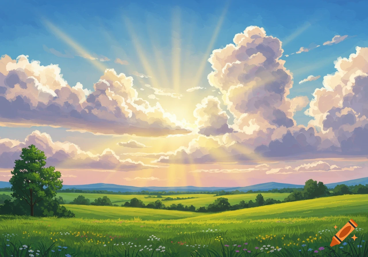 A bright, illustrative landscape with rolling green hills, trees, wildflowers, and sun rays breaking through large clouds.