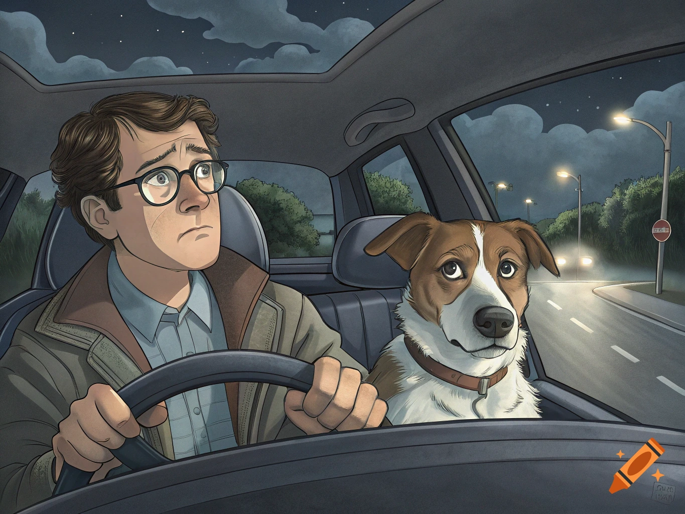 Illustration of a man and a dog driving in a car at night.