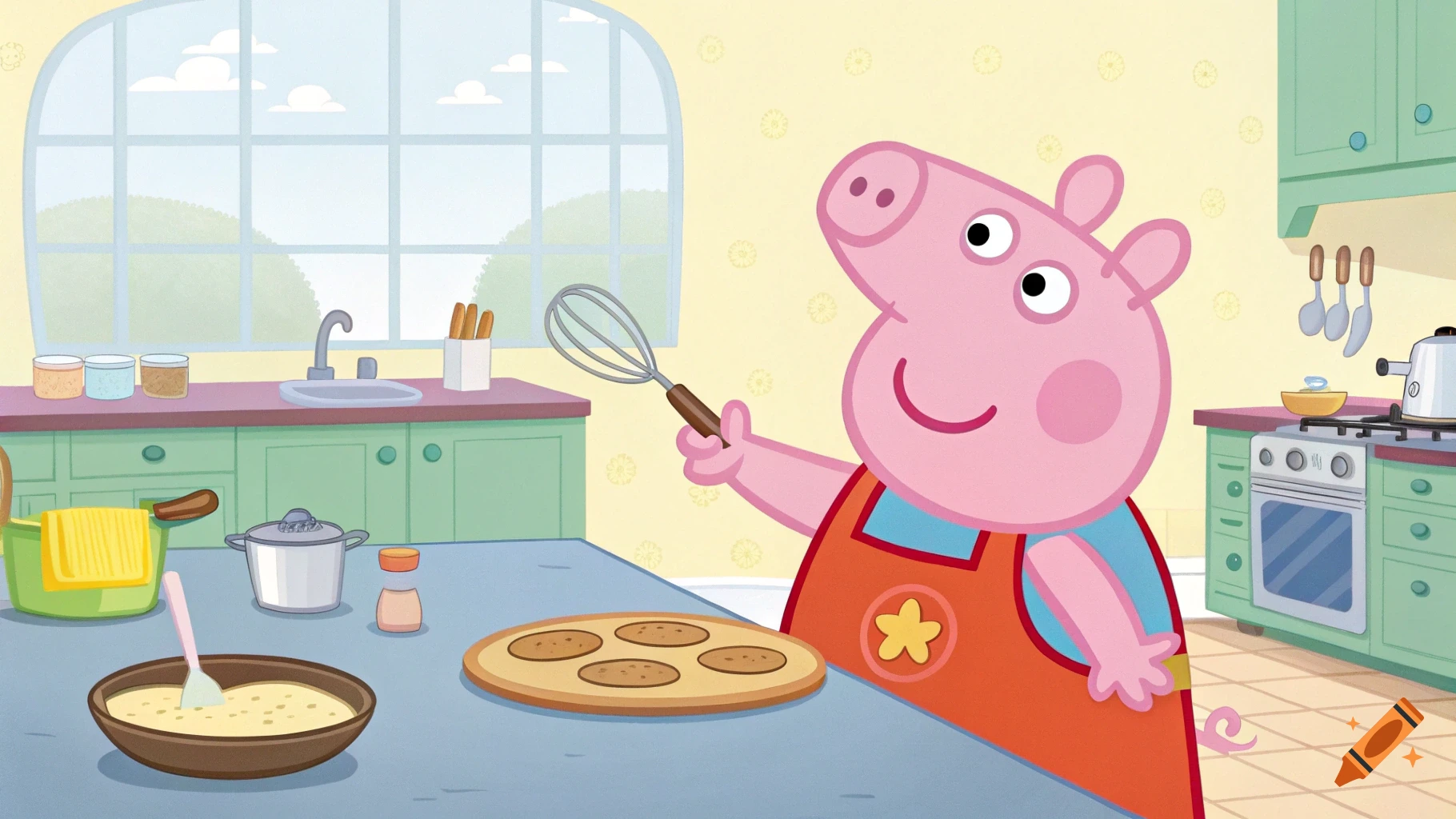 Peppa Pig in a kitchen holding a whisk over a tray of pancakes, cartoon style.