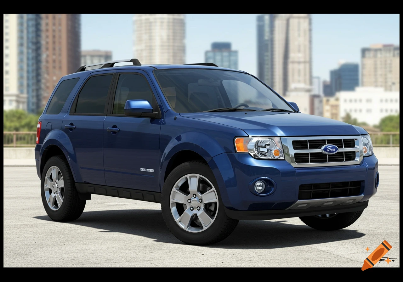 A blue Ford Escape SUV is parked in front of a blurry cityscape.