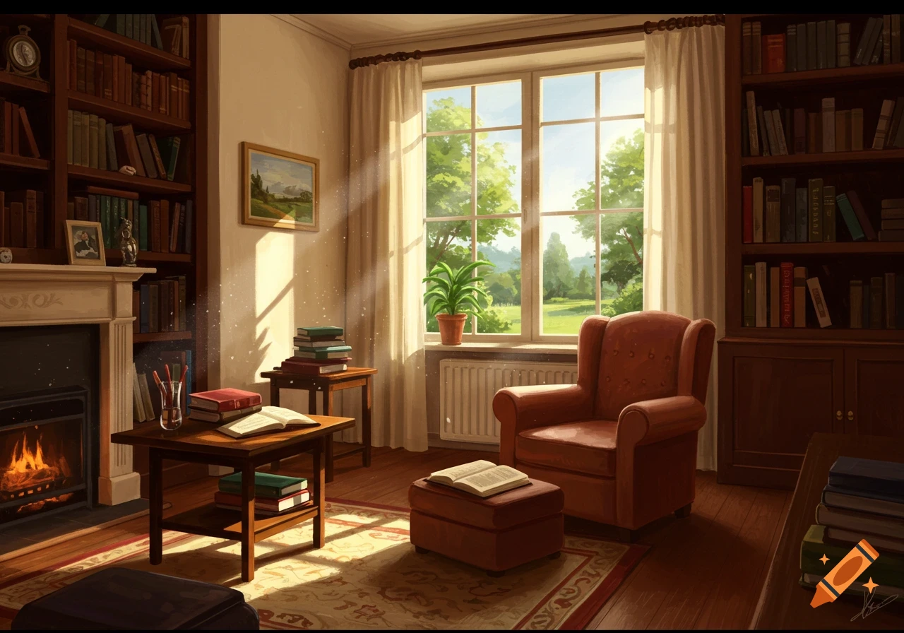 A cozy, sunlit library room with bookshelves, a fireplace, a chair, and tables covered in books.