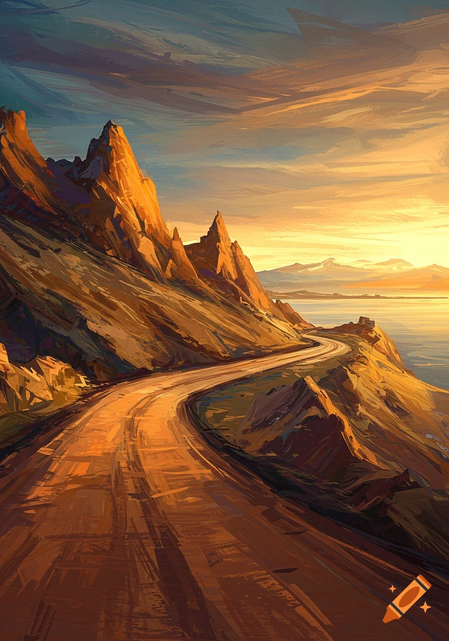 A winding road ascends a golden mountain landscape overlooking water at sunset, painted in bold brushstrokes.