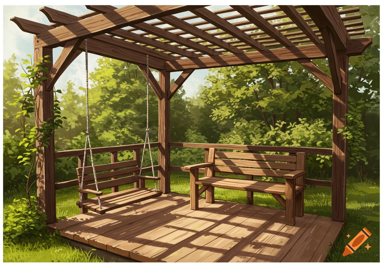 A wooden pergola stands over a deck with a hanging swing and bench in a garden, depicted in an illustrative style.