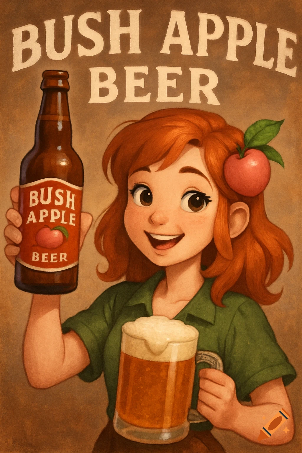 Cartoon girl holding a bottle and mug of Bush Apple Beer in a poster style illustration.
