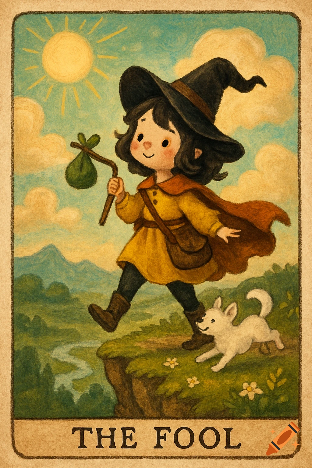 Whimsical illustration of a witchy traveler and a white dog walking off a cliff edge, like a tarot card. Text says 'THE FOOL'.