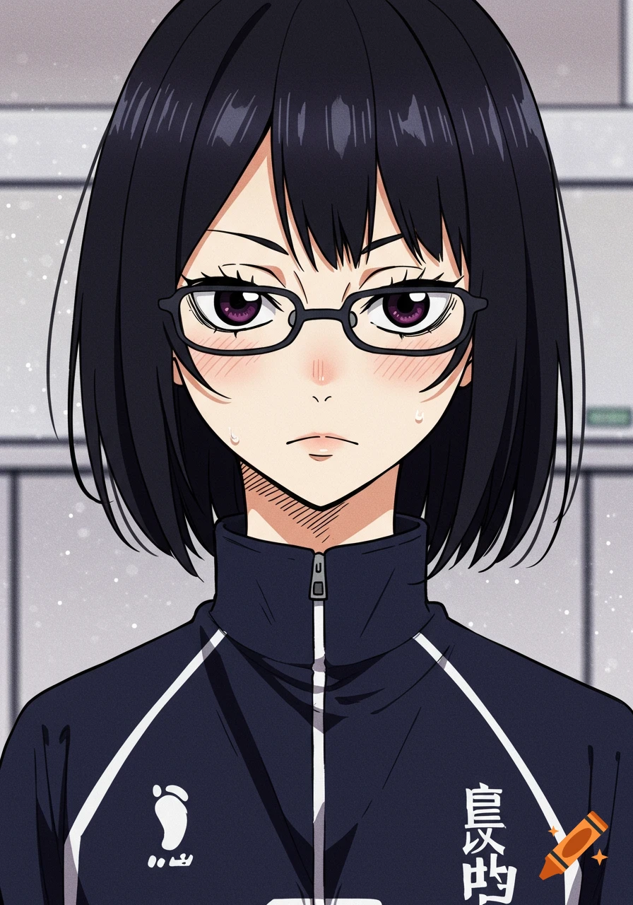 Anime portrait of a character with dark hair and glasses wearing a blue tracksuit