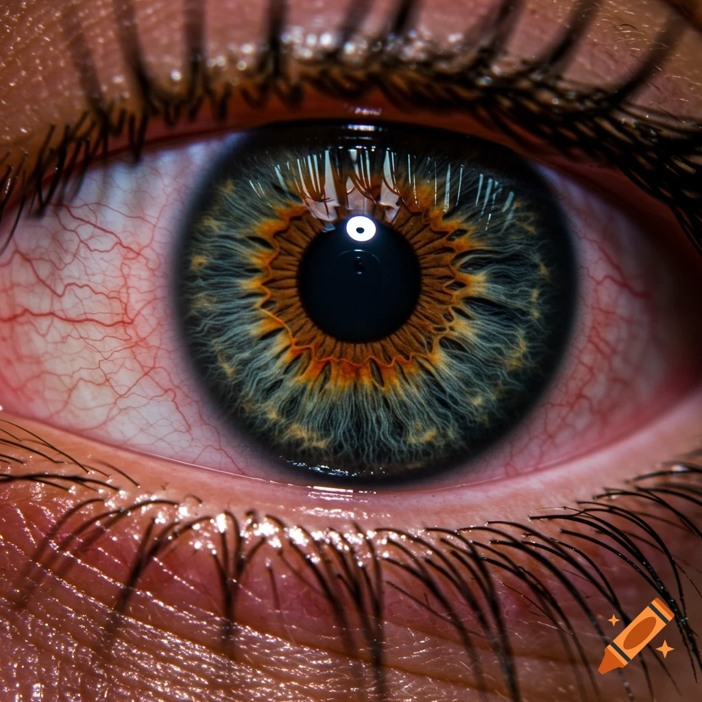 Extreme close-up of a human eye showing detailed iris, bloodshot veins, and eyelashes.
