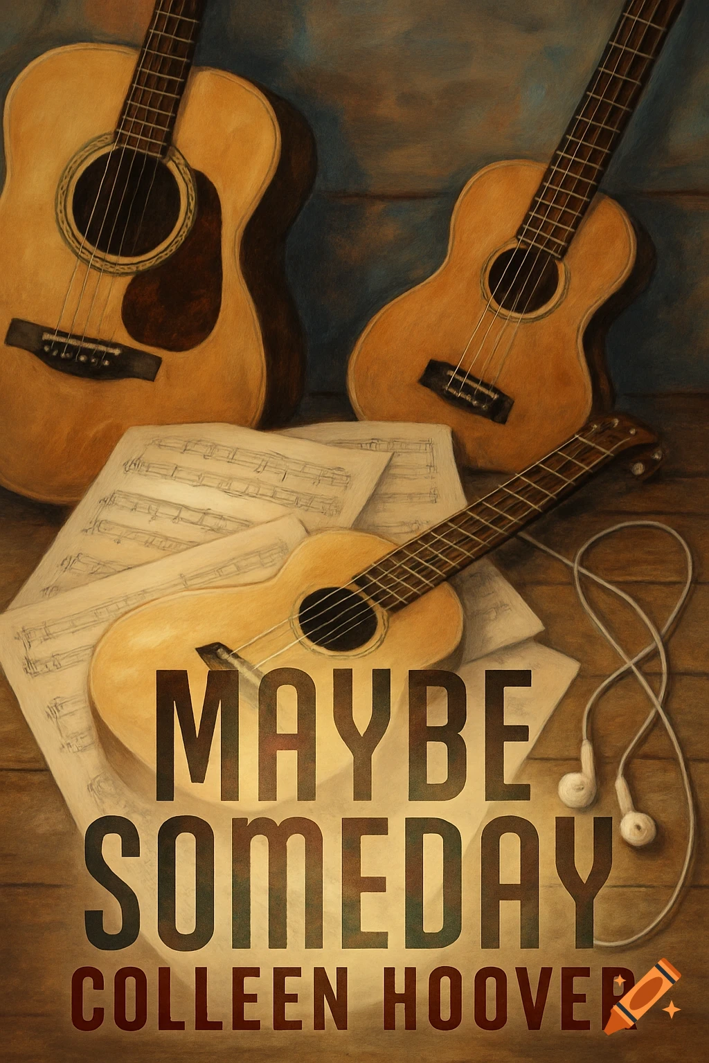 Painting of guitars, ukulele, sheet music, and headphones with text 'Maybe Someday Colleen Hoover'.