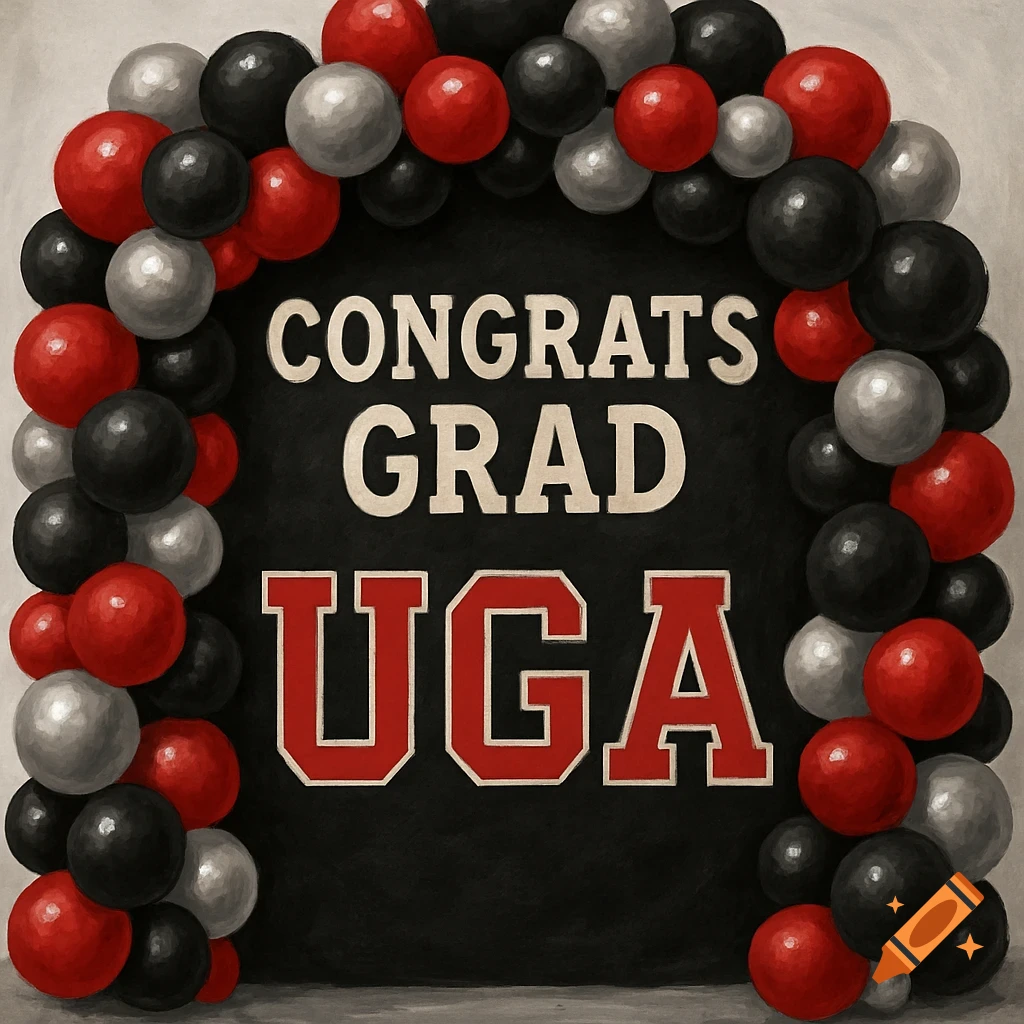 A balloon arch in red, black, and silver surrounds a black backdrop with the text 'CONGRATS GRAD UGA'.