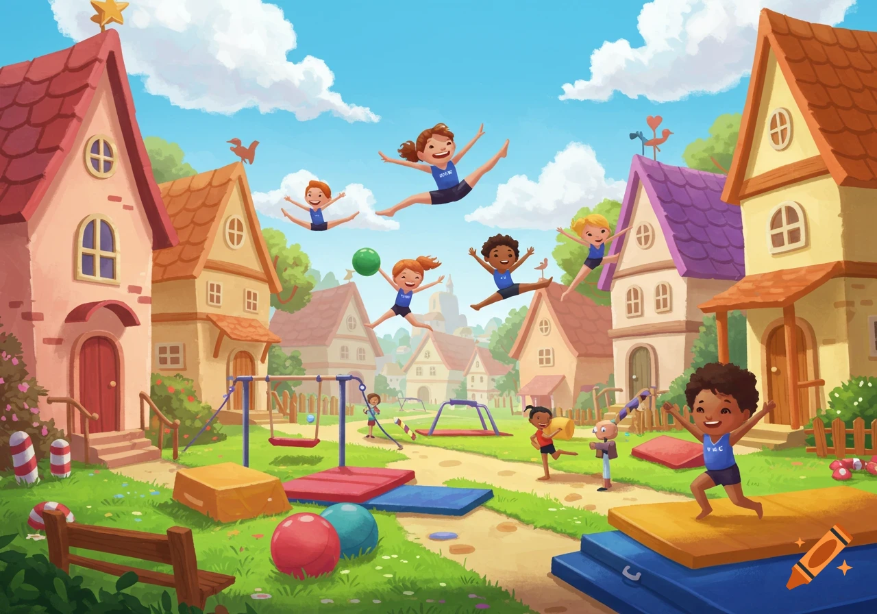 Cartoon children do gymnastics in a cheerful village with colorful houses.