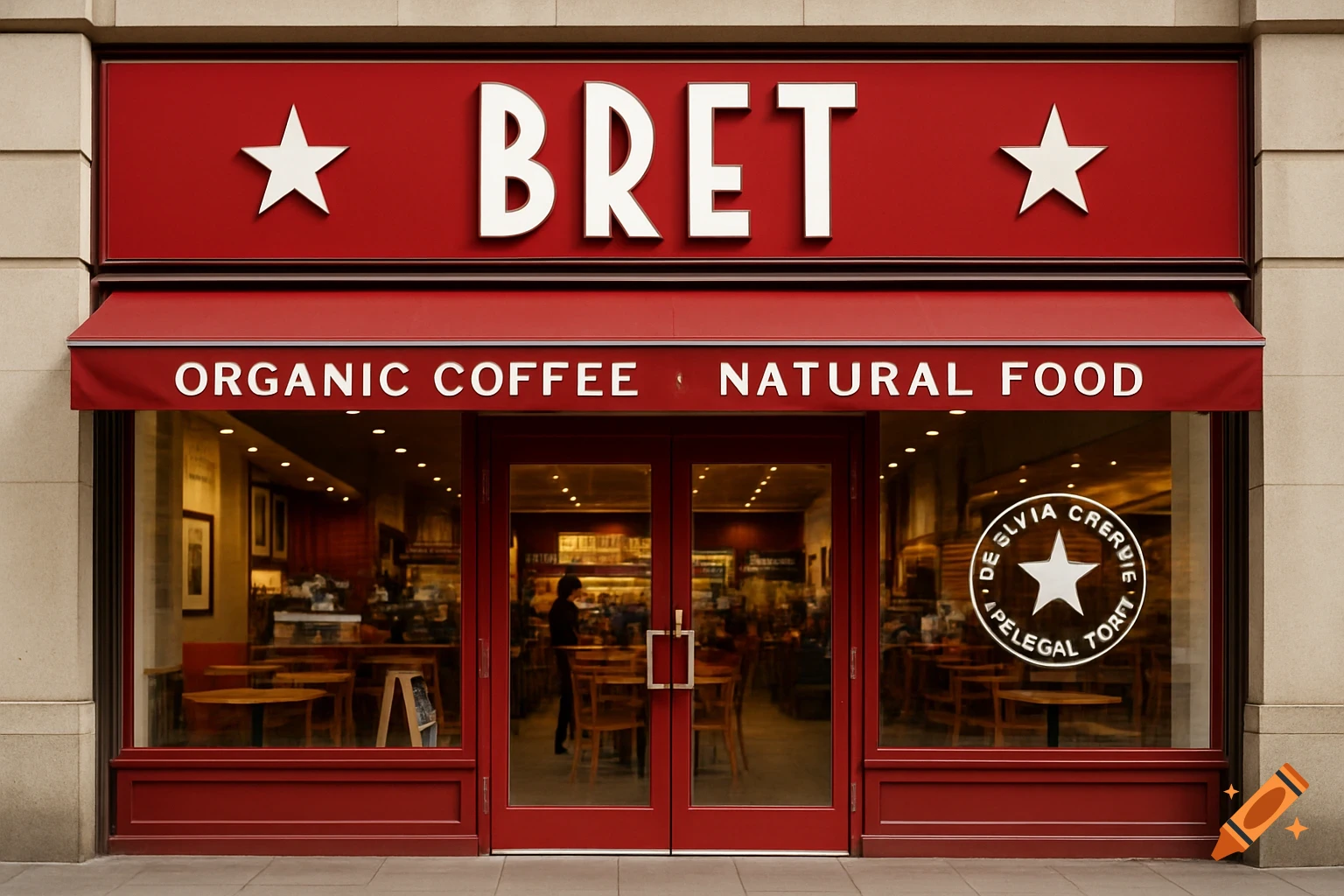 Photorealistic image of a coffee shop storefront with a red sign that says BRET
