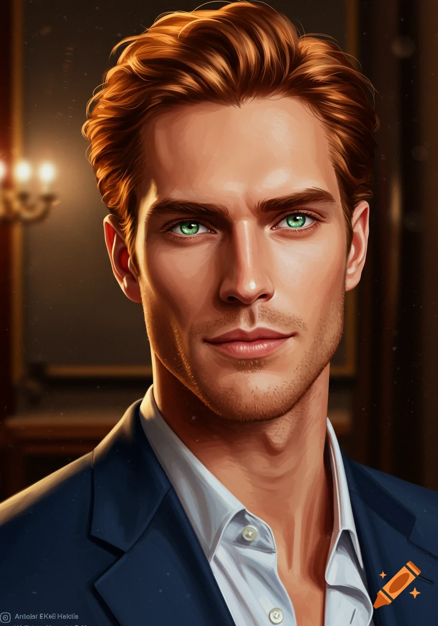 Painterly portrait of a handsome man with auburn hair and bright green eyes, wearing a suit.