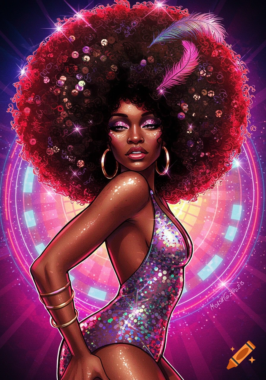 Stylized illustration of a Black woman with a large afro and sparkly leotard against a disco background.