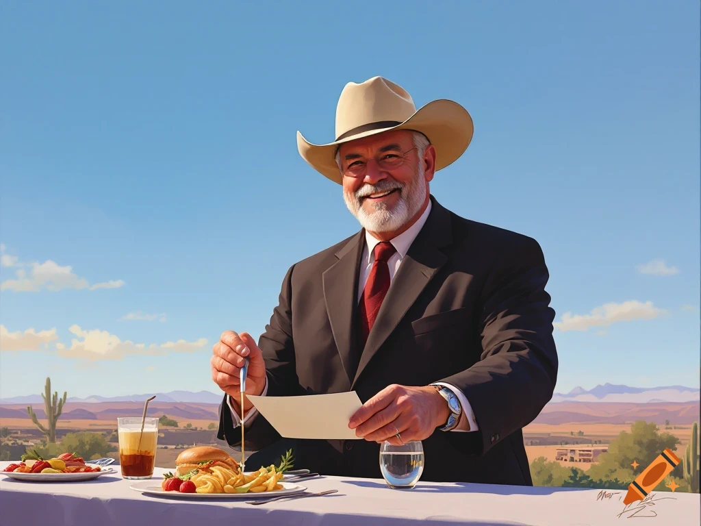 A man in a suit and cowboy hat sits at a dinner table in the desert, holding a paper.