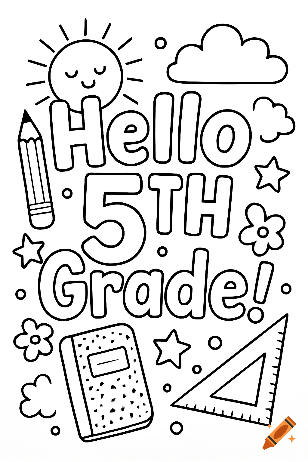 Black and white line drawing of a coloring page that says 'Hello 5TH Grade!' with school supplies.