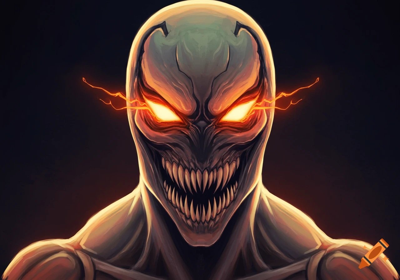 Close-up of a monstrous creature with glowing orange eyes and sharp ...