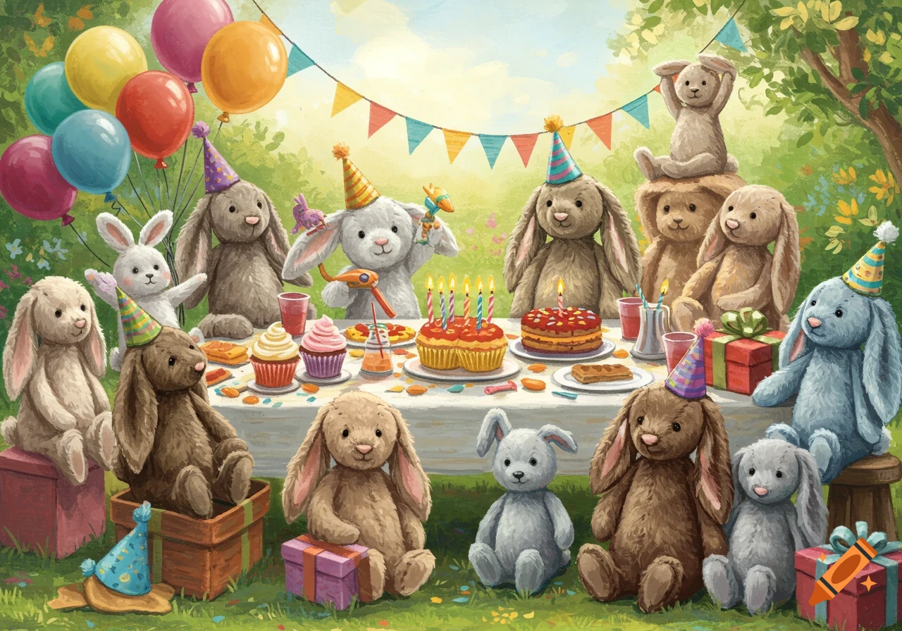 Plush bunnies at a birthday party in a garden with cake, gifts, and balloons.
