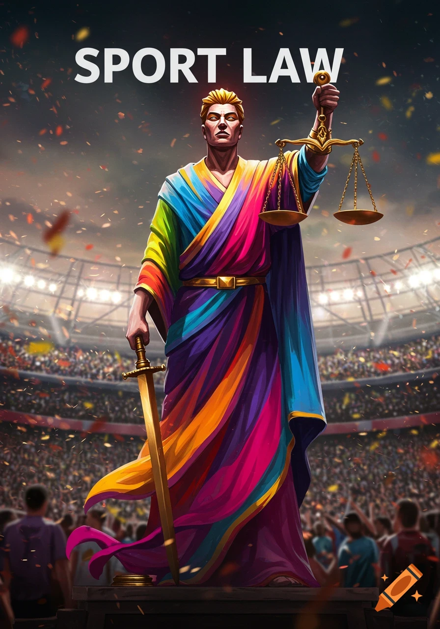 Figure of Justice in colorful robe with scales and sword in sports stadium with text 'SPORT LAW'