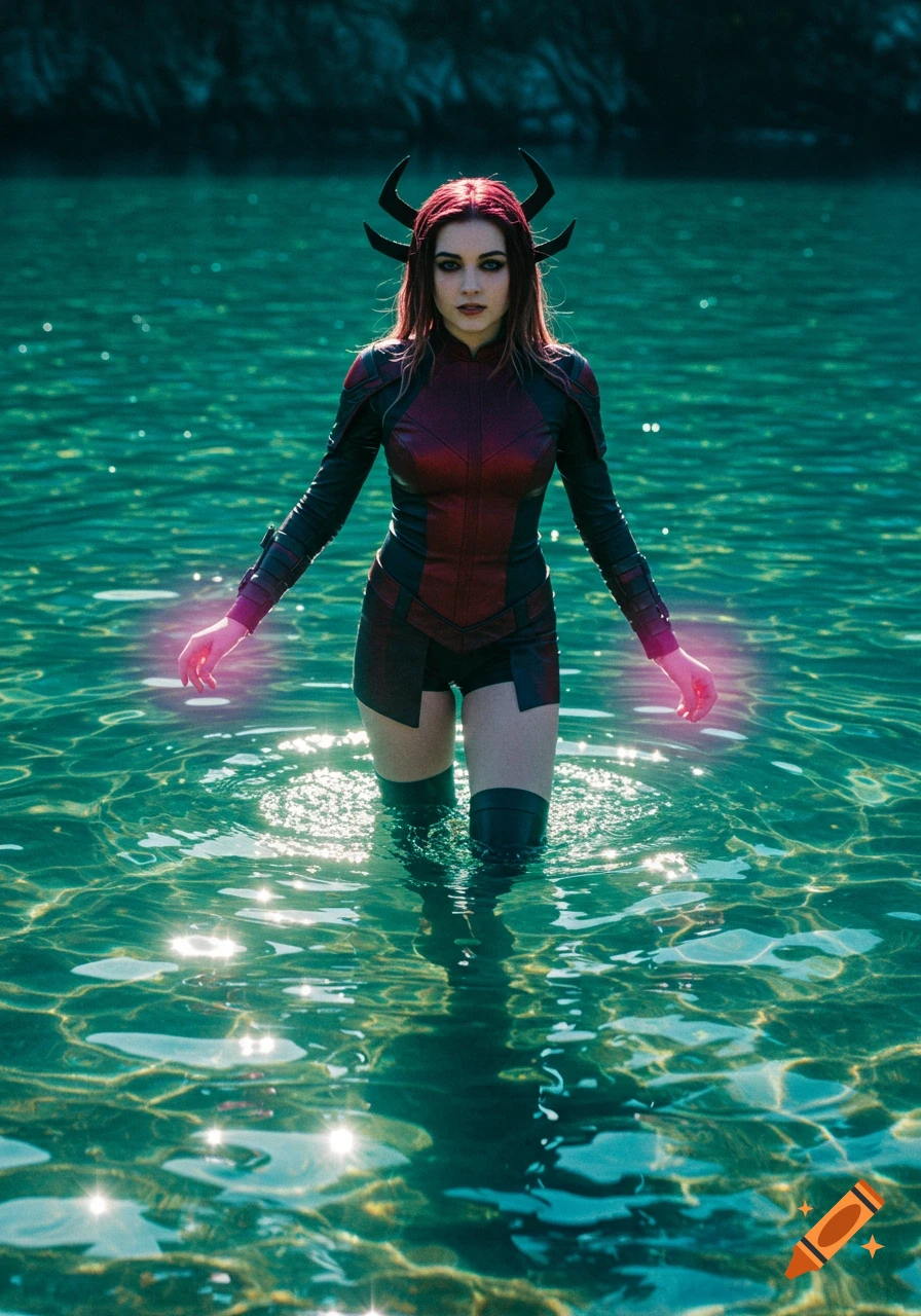 A woman dressed as Magik from New Mutants stands in clear, sparkling water.