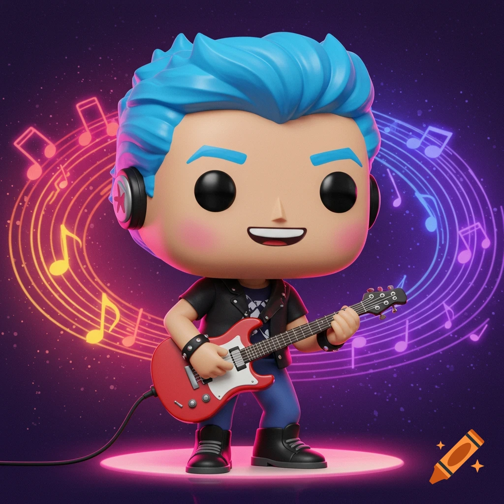 Funko Pop figure with blue hair playing a red guitar, surrounded by glowing musical notes.
