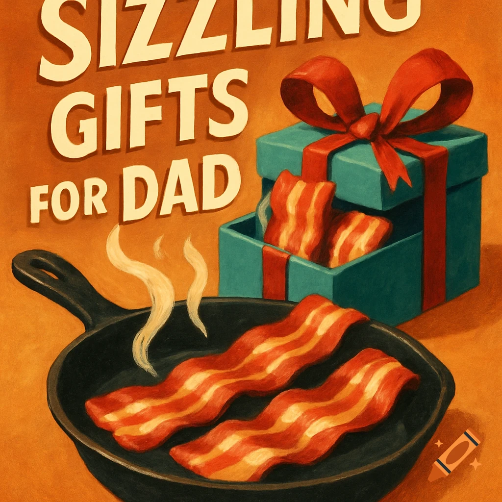 Retro illustration of bacon frying in a pan and in a gift box with text "Sizzling Gifts for Dad".
