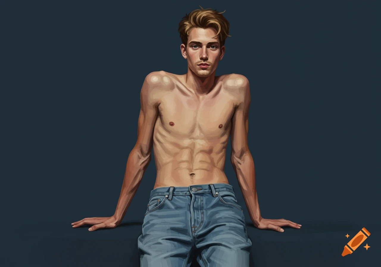 Illustration of a bare-chested skinny young man in jeans looking forward against a dark background.